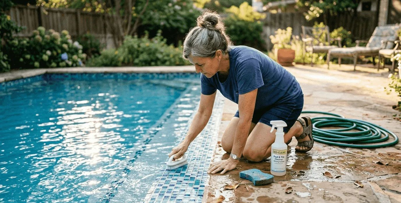 clean sparkling pool tiles with clear water