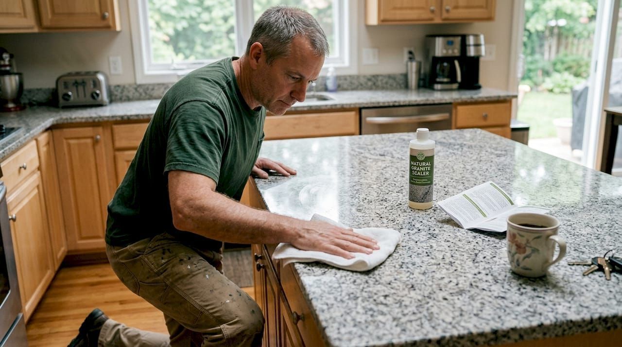 wiping granite surface with pH-neutral cleaner