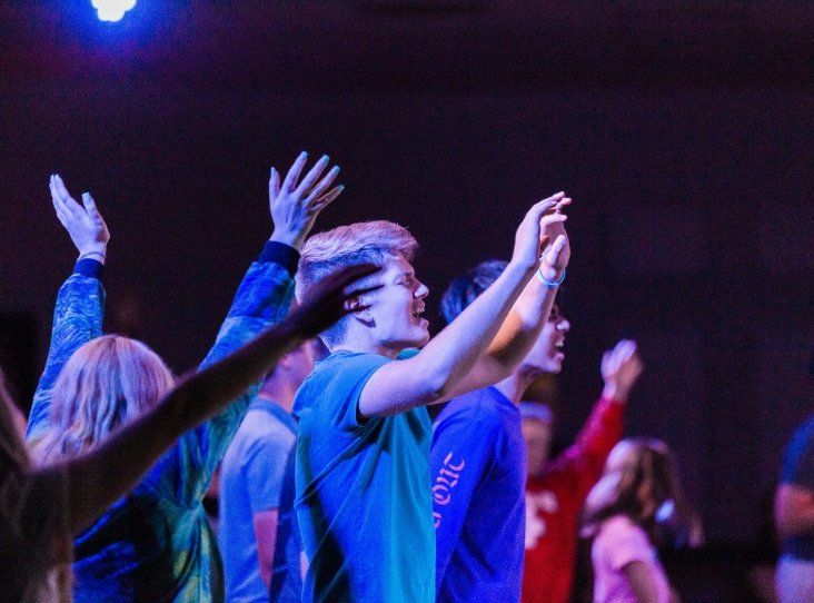 A group of people are raising their hands in the air.
