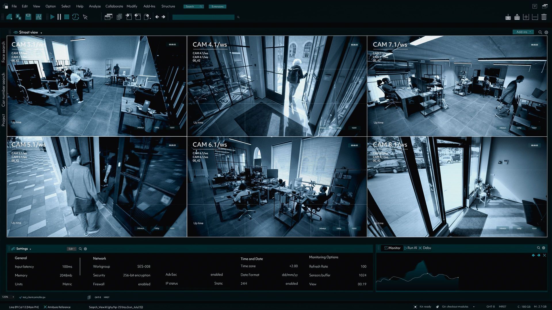 Surveillance screen displaying six camera views of a store interior. Dark blue monochrome. People are visible throughout the store.