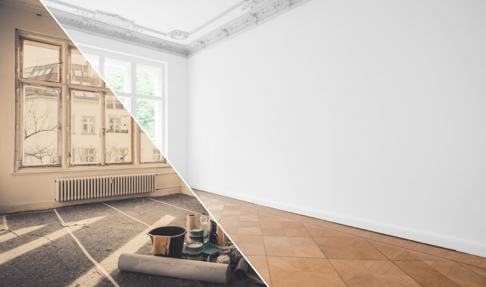 Room renovation: half showing disrepair with dirty floors and old windows, the other half renovated with clean walls and wooden floors.