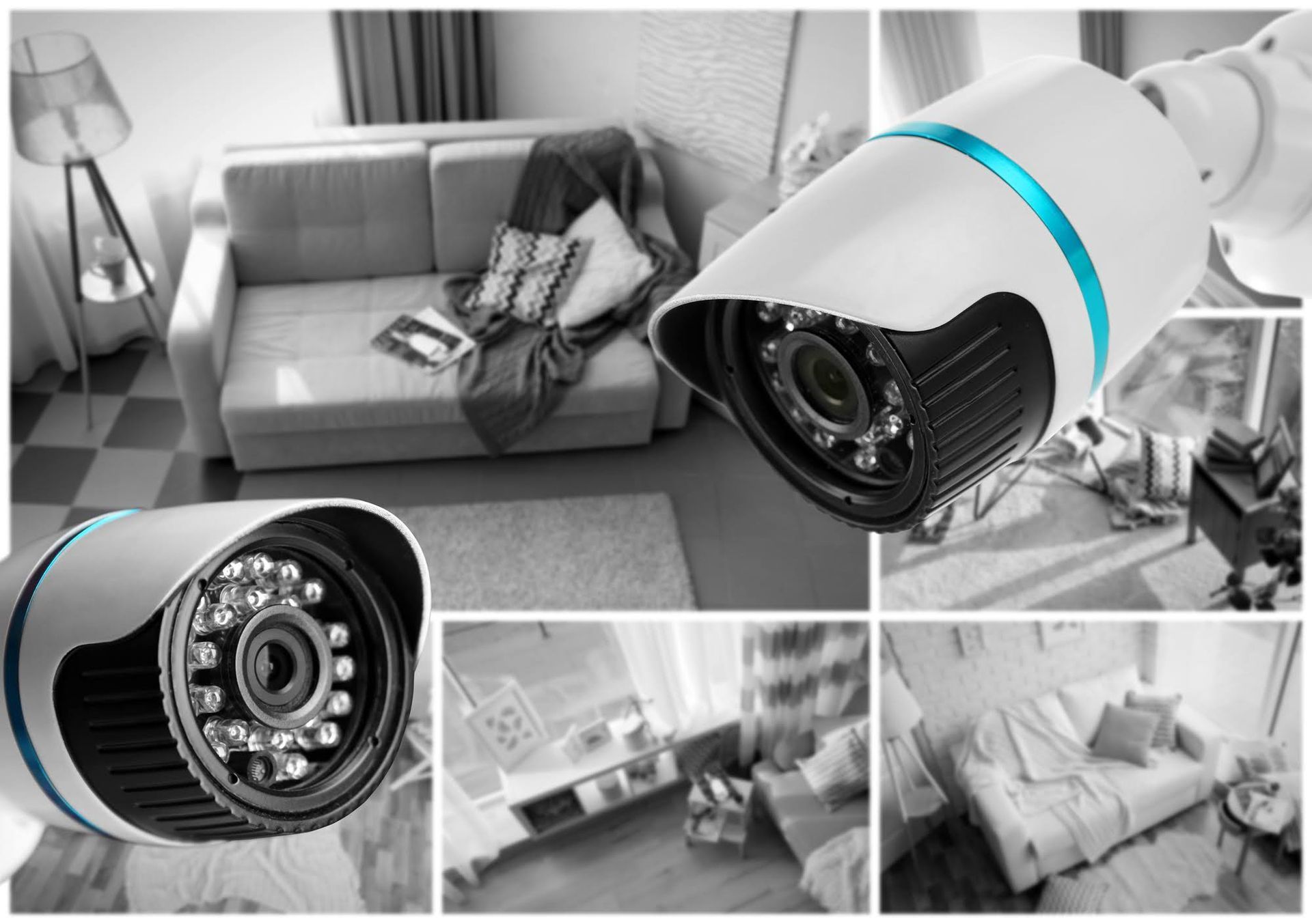 Security camera composite: Interior views of a living room and details of a white and blue surveillance camera with lens.