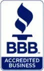 The BBB Accredited Business logo features a blue flame over the text 