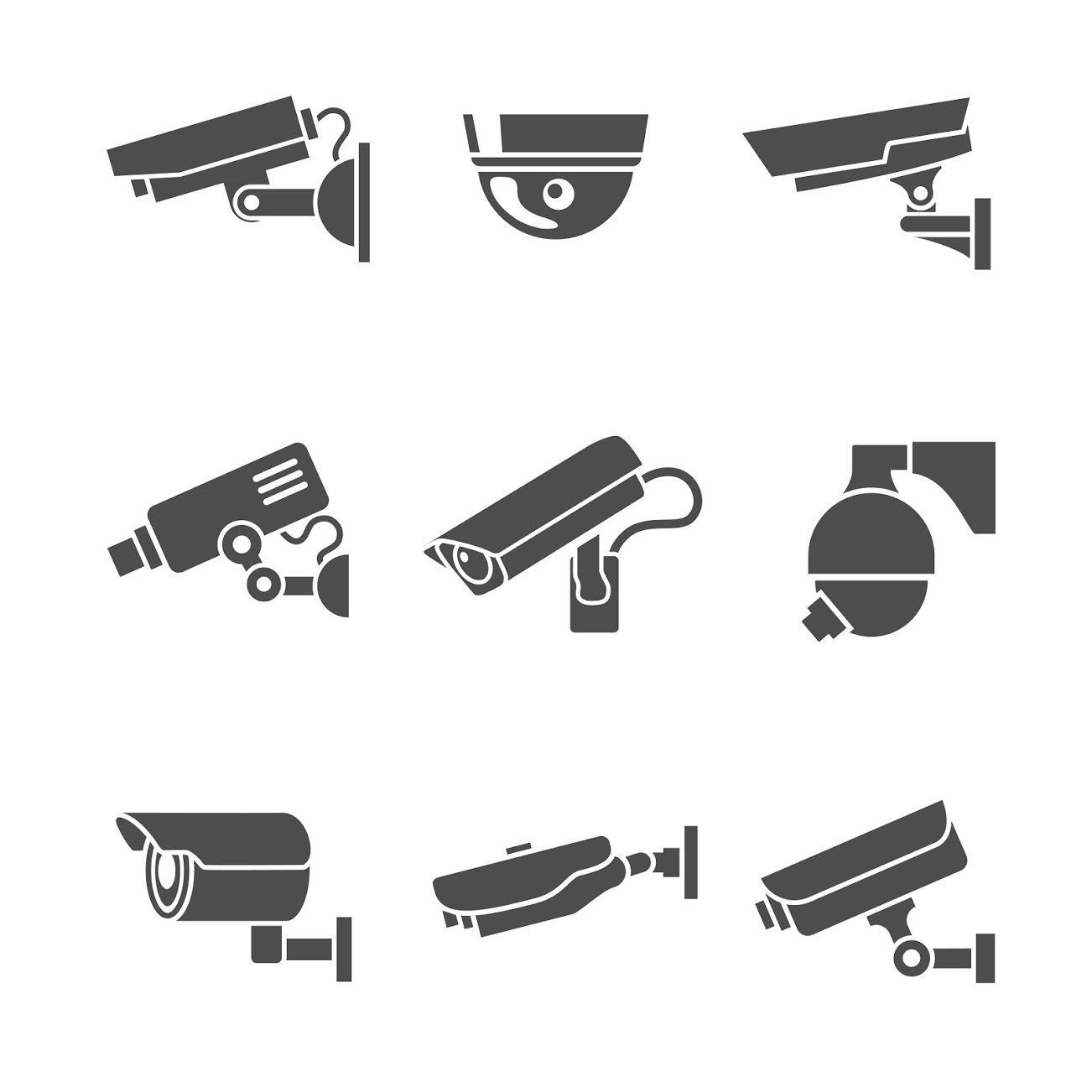 Nine black and white security camera icons in various designs, for surveillance purposes.