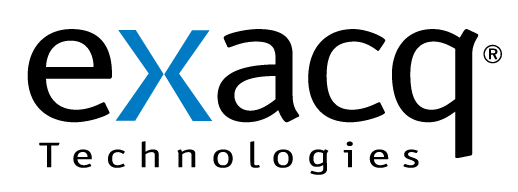 Logo for Exacq Technologies: black text "exacq" with a blue "x" and black "Technologies" underneath.