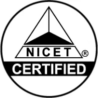 NICET Certified seal with a white triangle atop a black triangle, with the letters "NICET" in white, and the word "CERTIFIED" below.