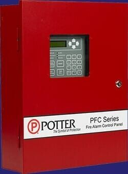 A computer , tablet , phone , and cameras are displayed on a white background. Red Potter PFC Series Fire Alarm Control Panel, with keypad and small display, mounted on a wall.