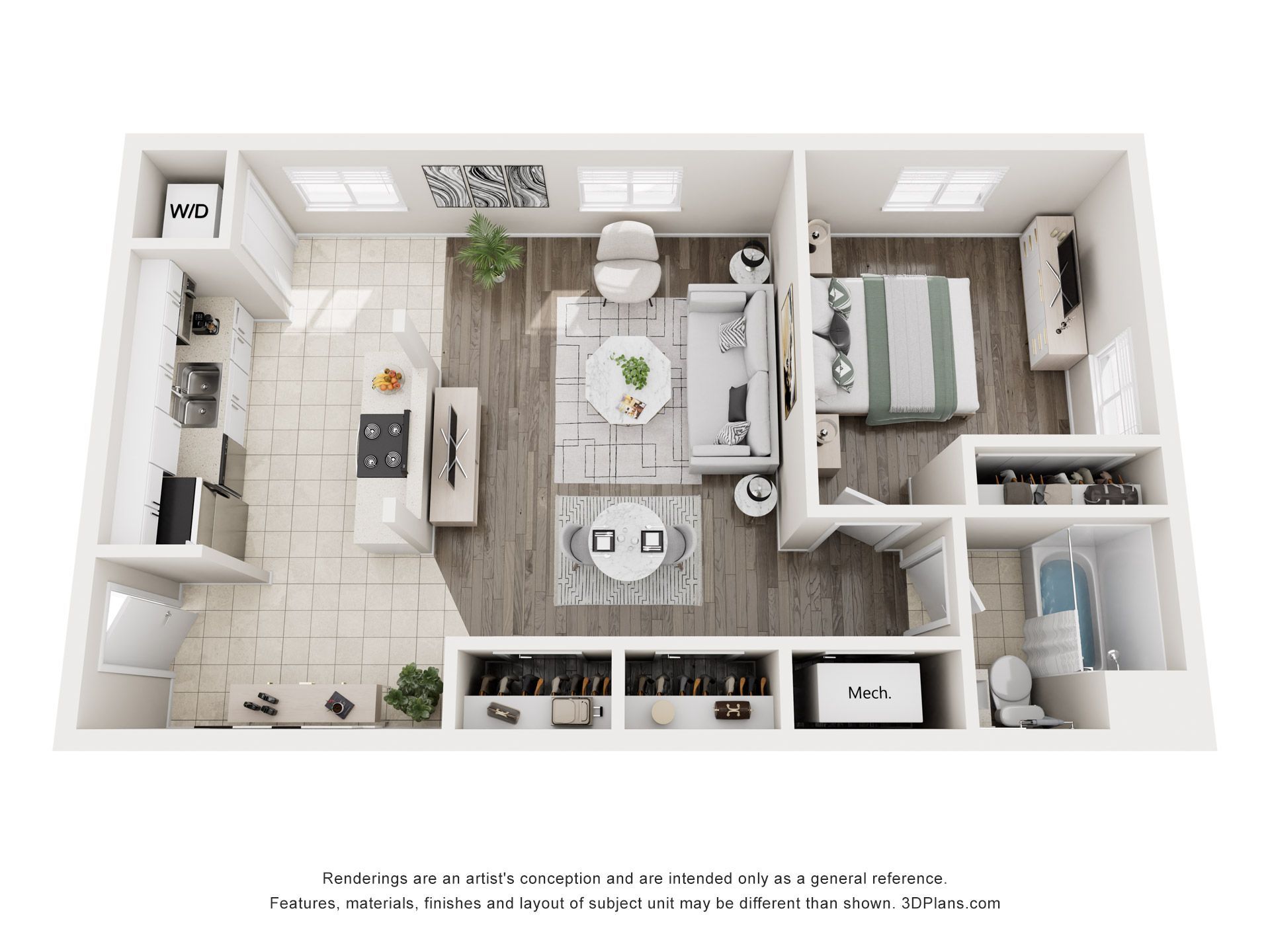 Floor plan of a small apartment: kitchen, living room with sofa, dining area, bedroom, and bathroom.