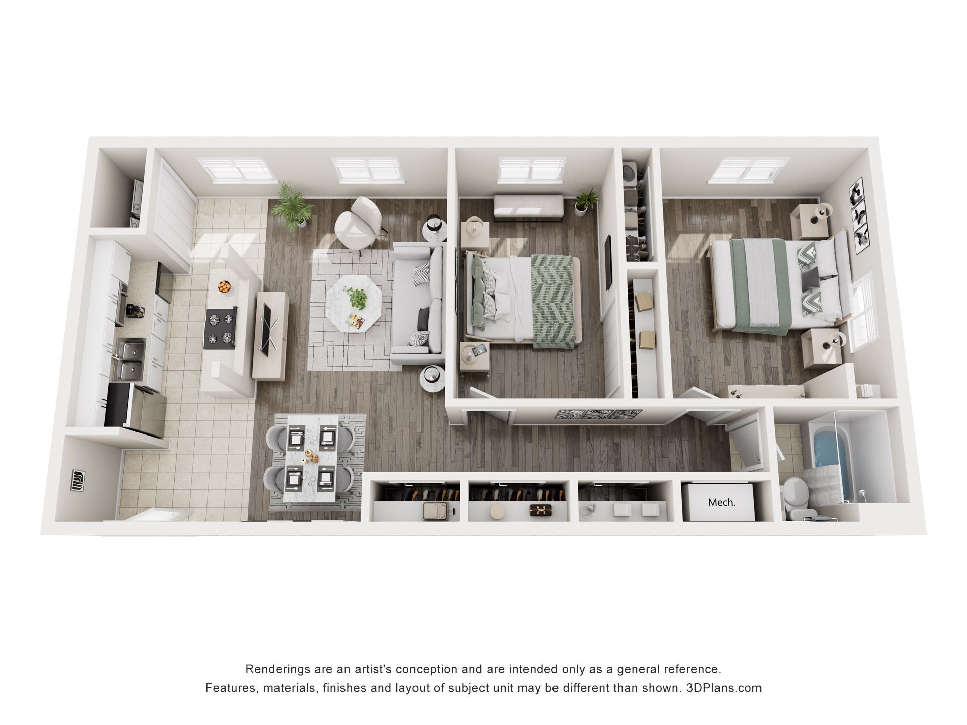 Top-down floor plan of a two-bedroom apartment. Includes a living room, kitchen, two bedrooms, and a bathroom.