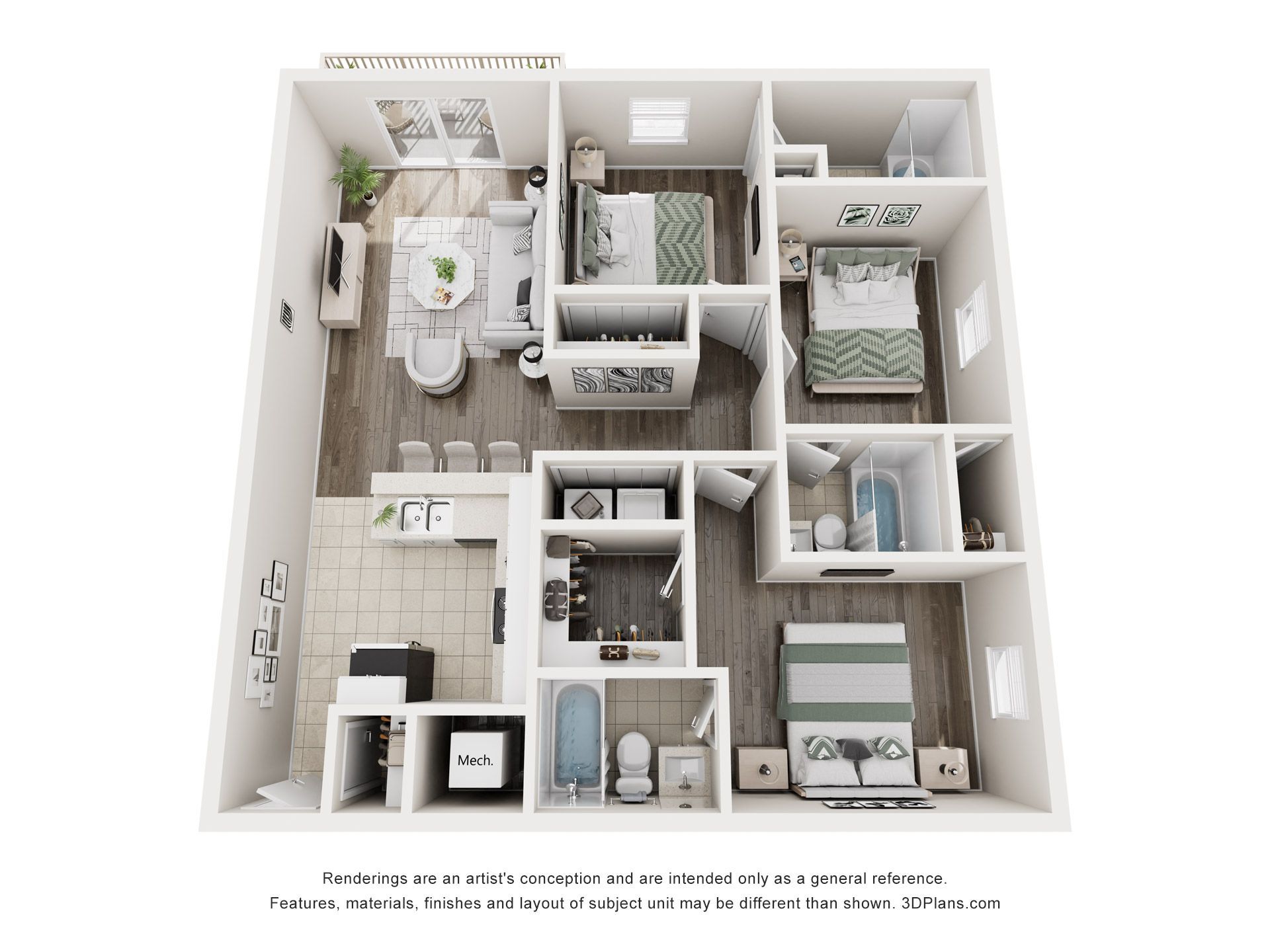 Floor plan: two bedrooms, two bathrooms, open living/kitchen area, with wood flooring and carpet accents.