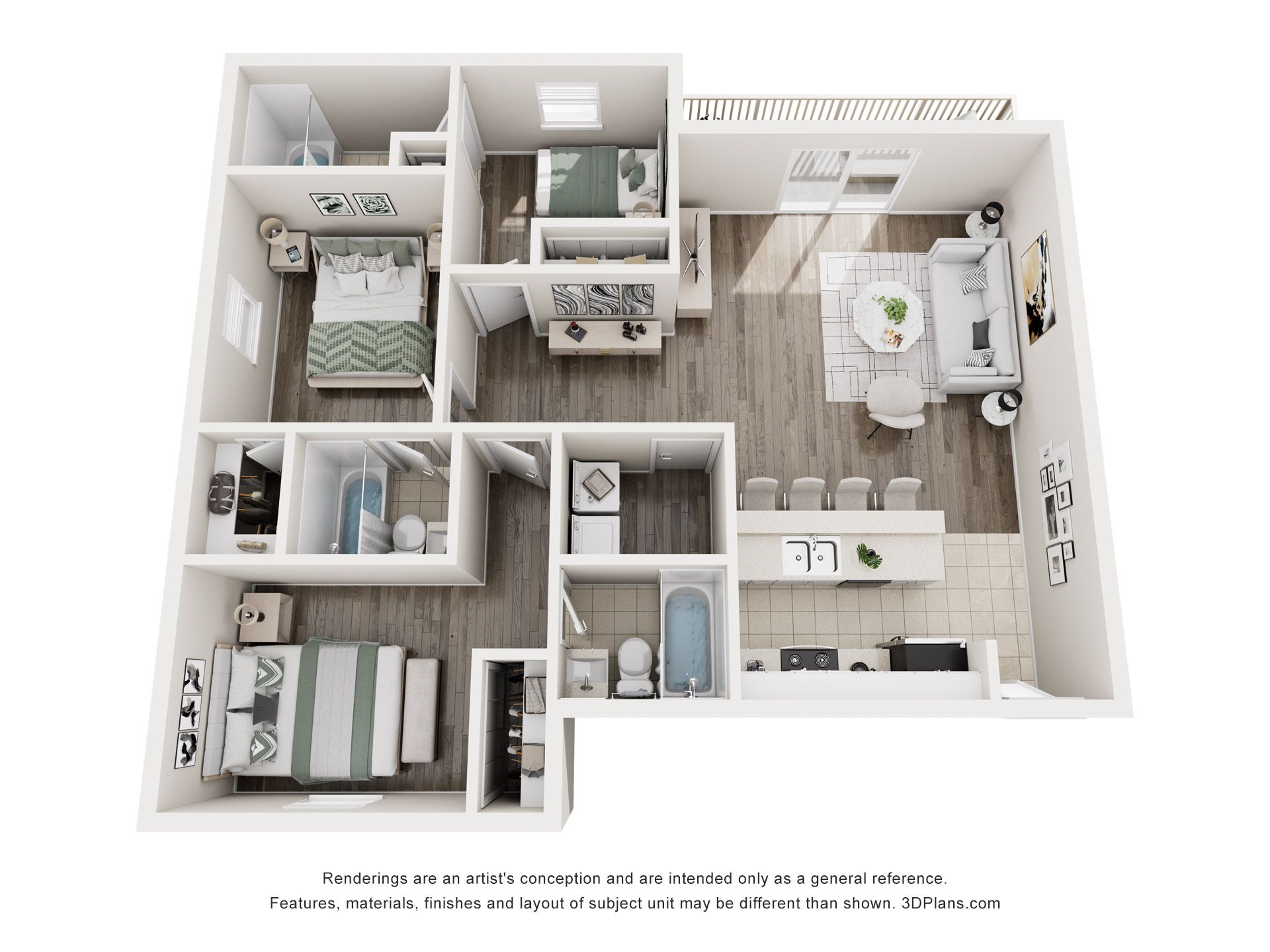 Floor plan of a three-bedroom apartment, with kitchen, living room, and balconies.