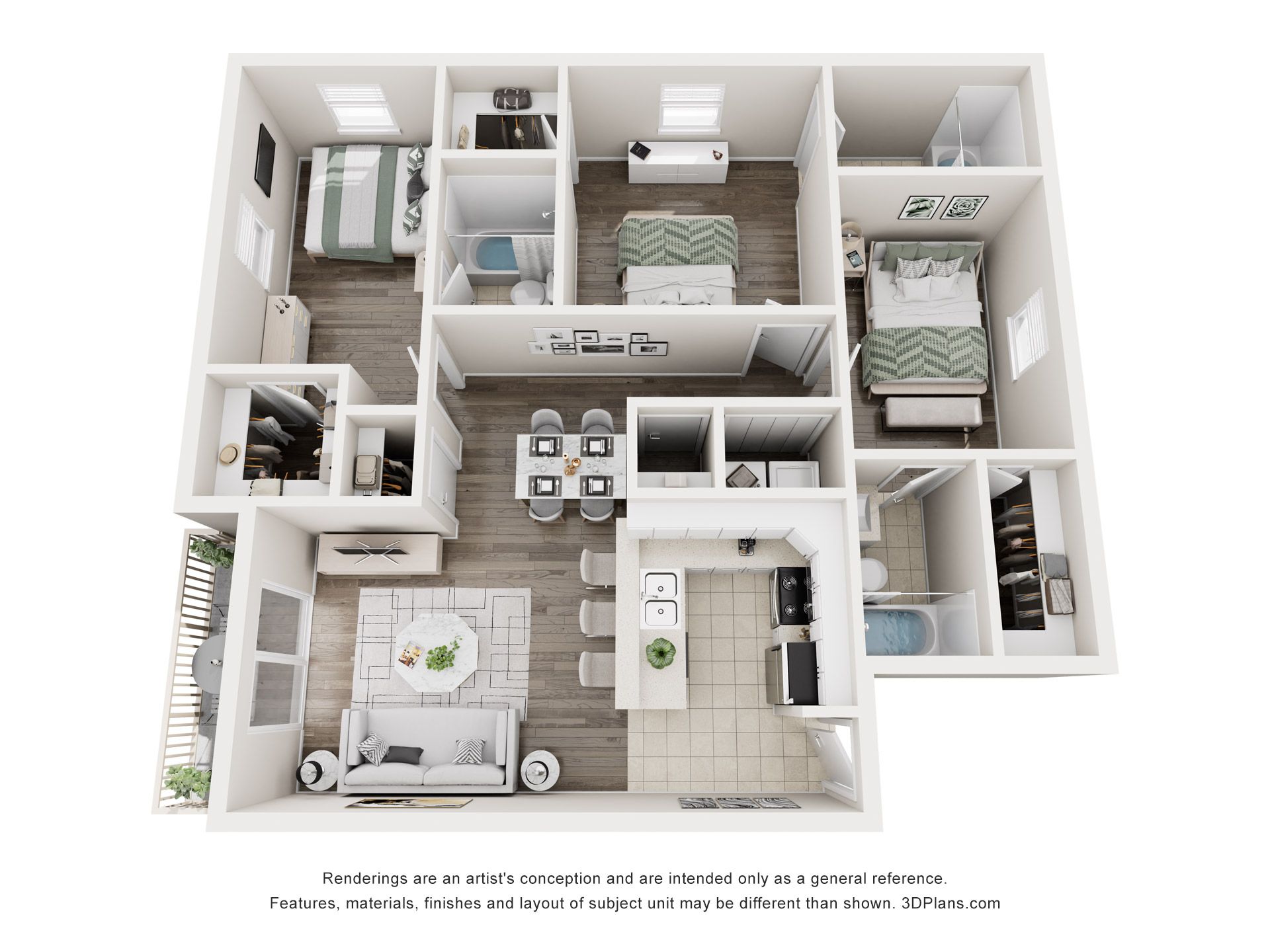 Floor plan of a three-bedroom apartment, showing bedrooms, bathrooms, kitchen, and living room with neutral tones.