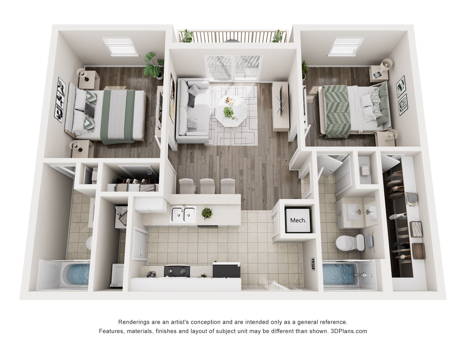 Floor plan of an apartment with two bedrooms, two bathrooms, and an open kitchen/living area.