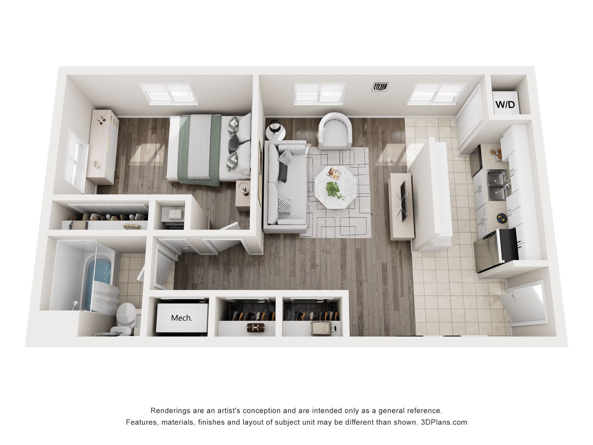 Overhead view of a furnished apartment layout with living, bedroom, and bathroom areas.