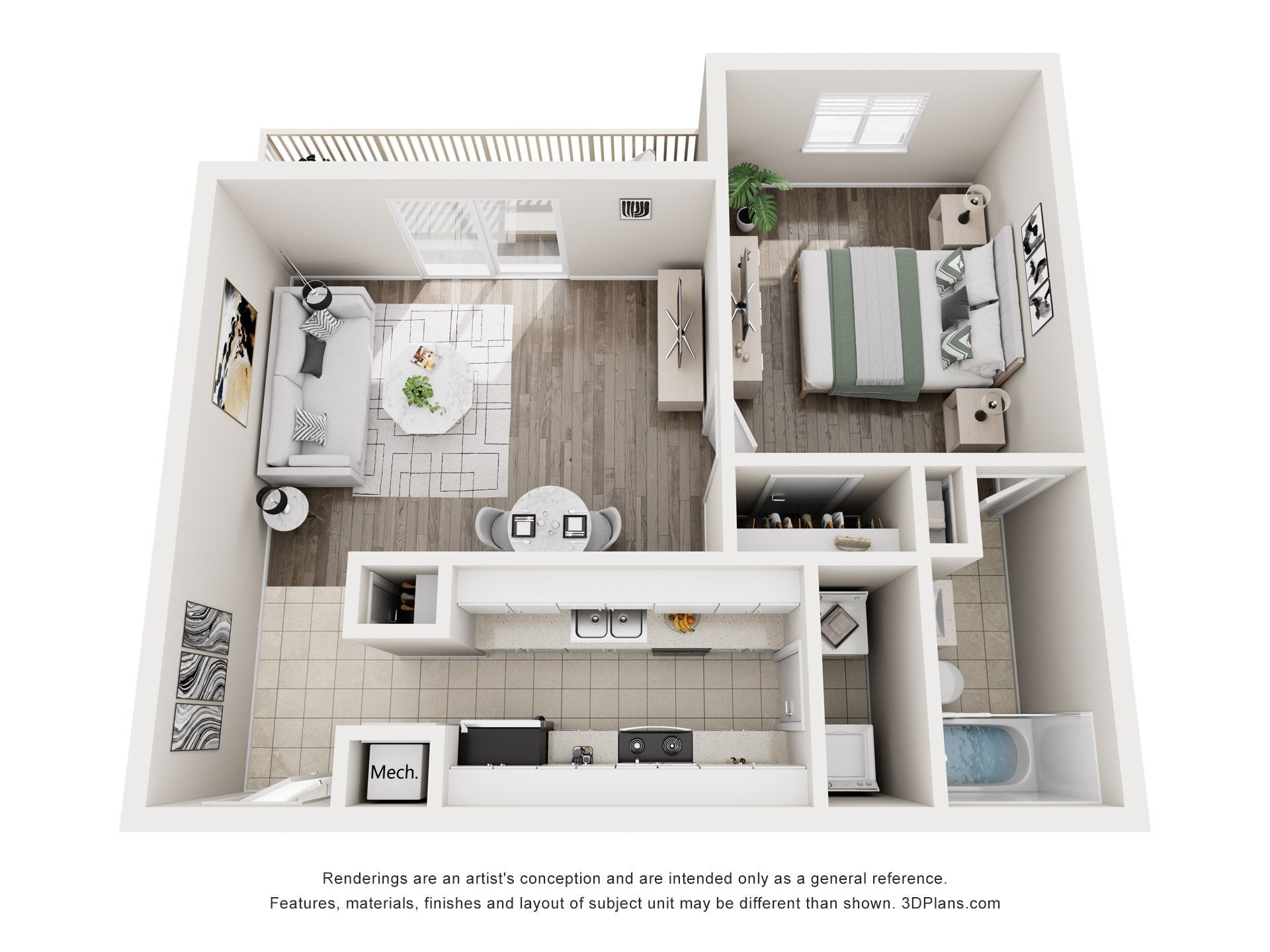Floor plan of a small apartment with a living area, bedroom, kitchen, and bathroom.