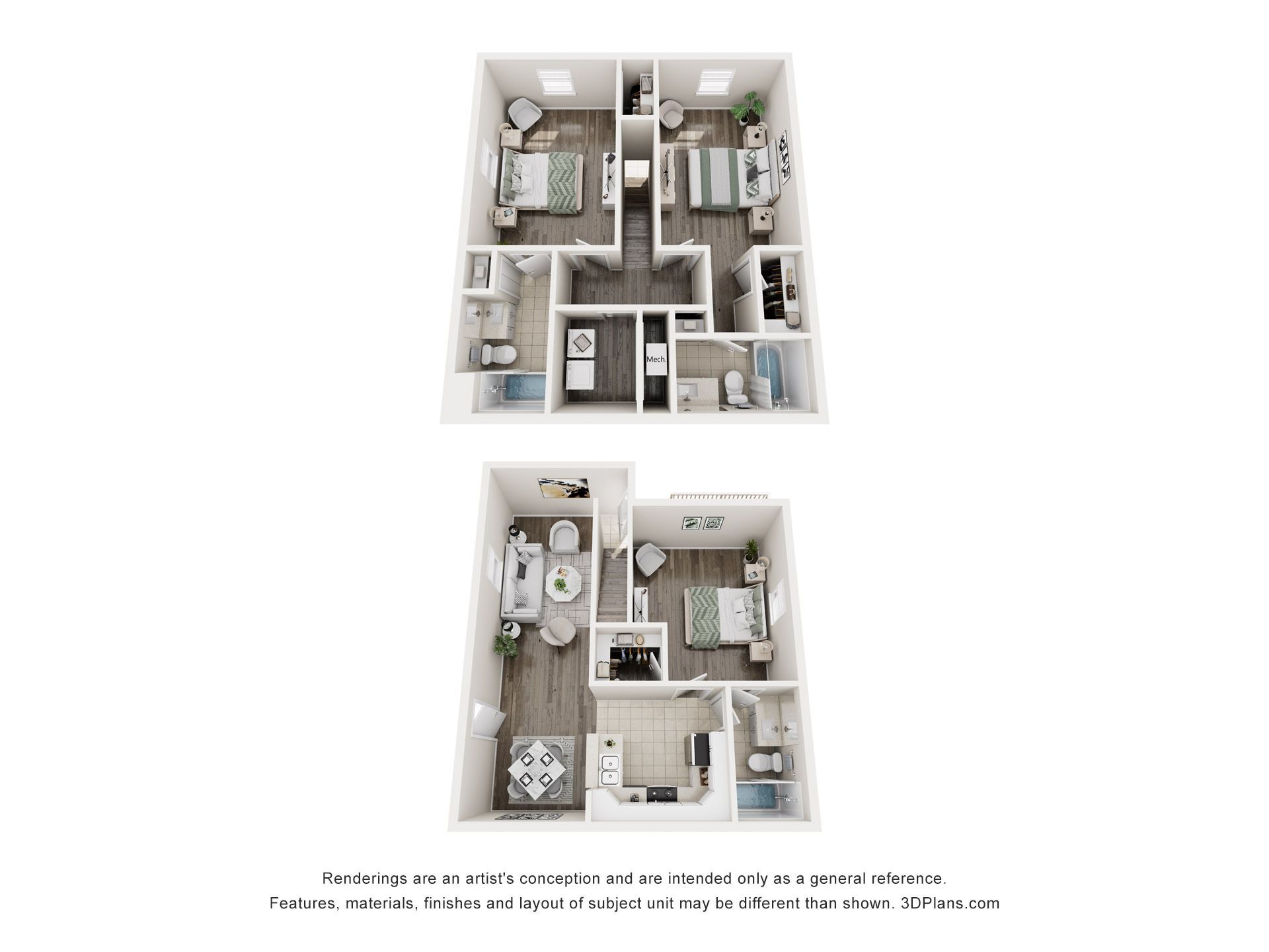 Floor plan, two-unit layout with bedrooms, kitchen, living areas, and bathrooms.