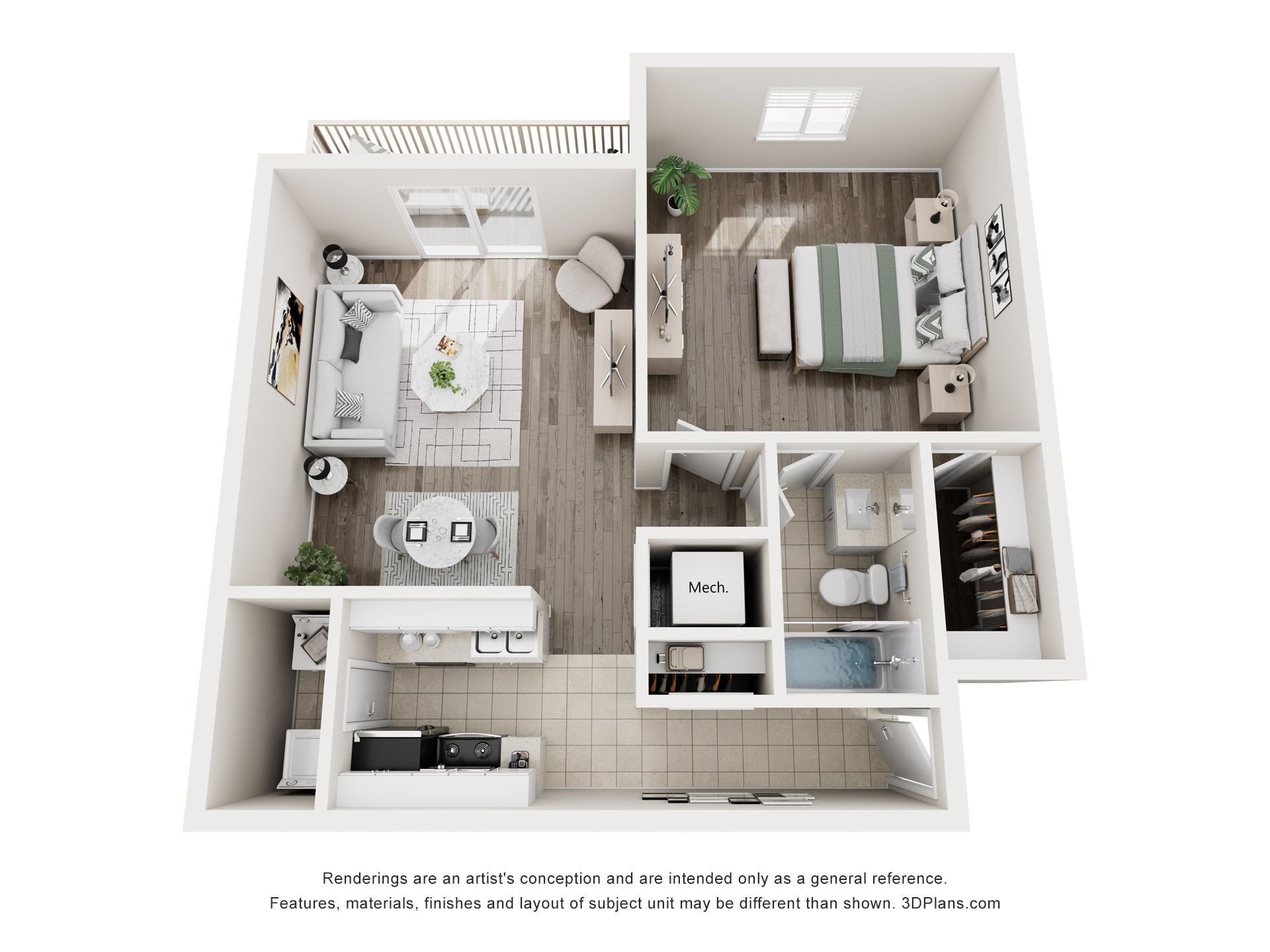 Floor plan of a modern apartment with bedroom, bathroom, kitchen, and living area, with furnishings.