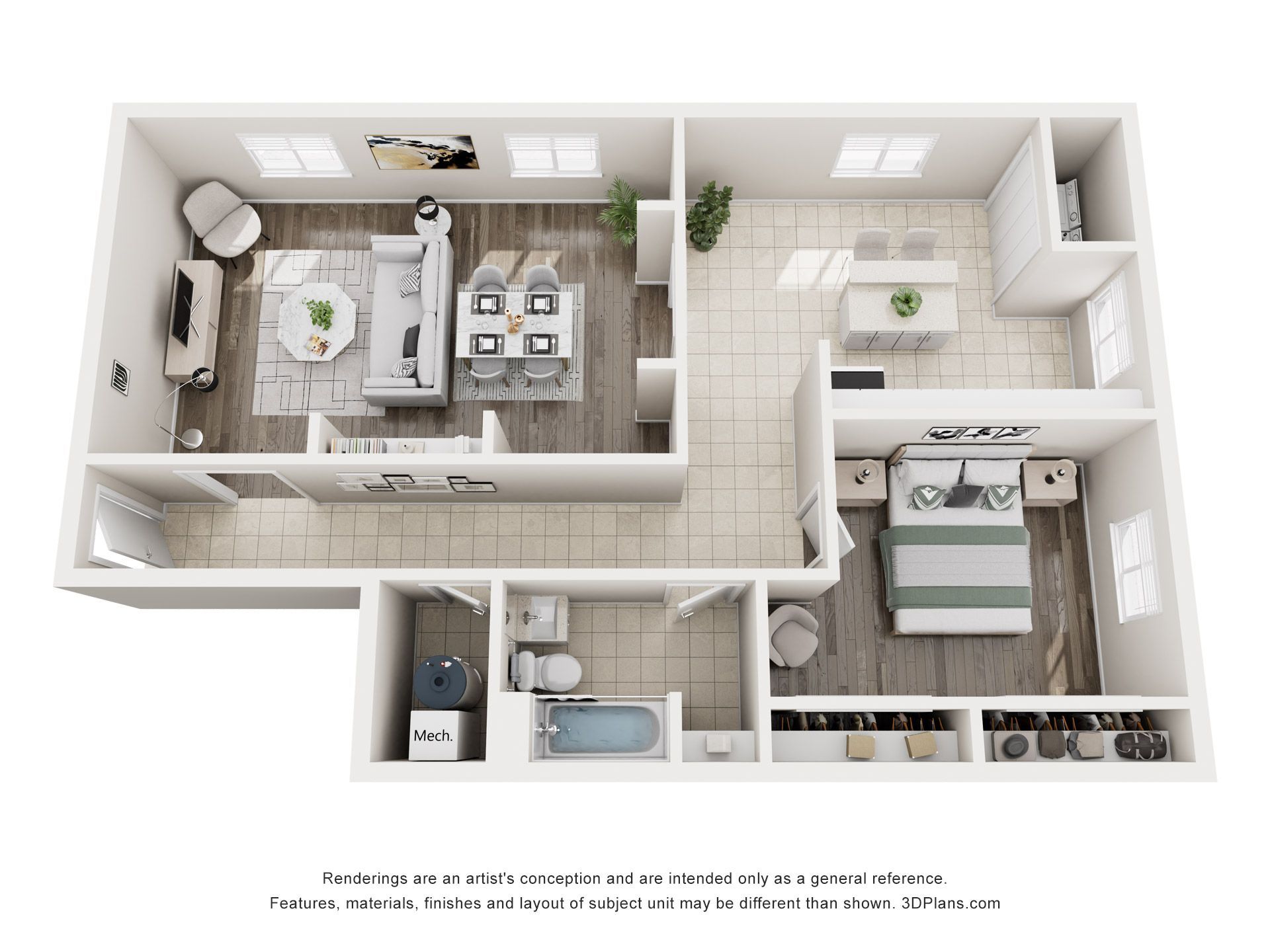Floor plan of a modern apartment with living, dining, kitchen, and bedrooms; wood flooring and white furniture.