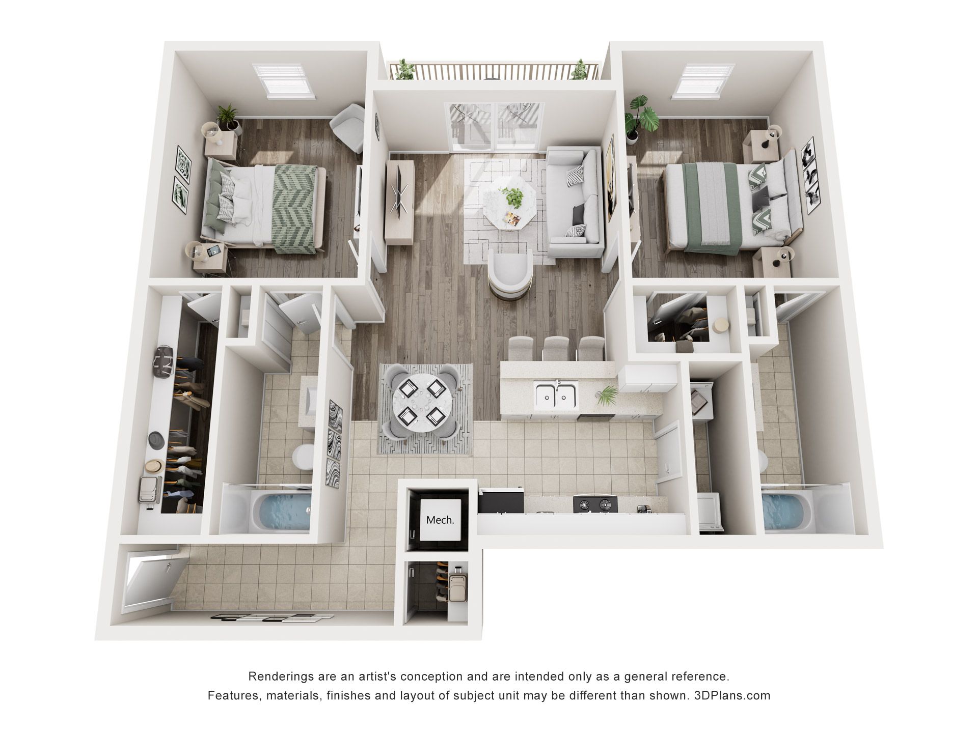 Floor plan of an apartment with two bedrooms, two bathrooms, a kitchen, and a living area.