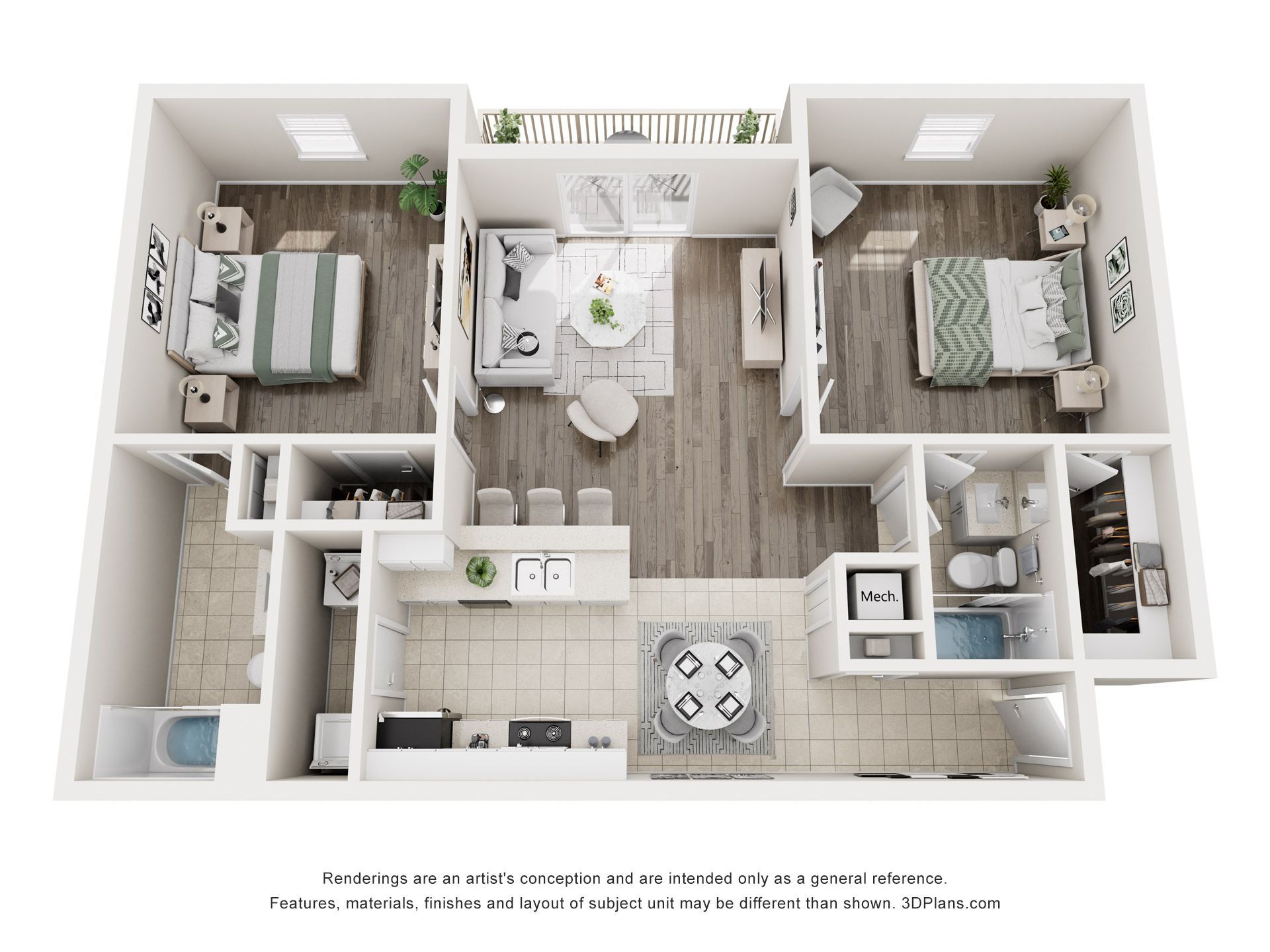 Floor plan of a two-bedroom apartment with living room, kitchen, and two bathrooms.