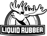 Un logo noir et blanc pour du caoutchouc liquide avec un élan dessus.