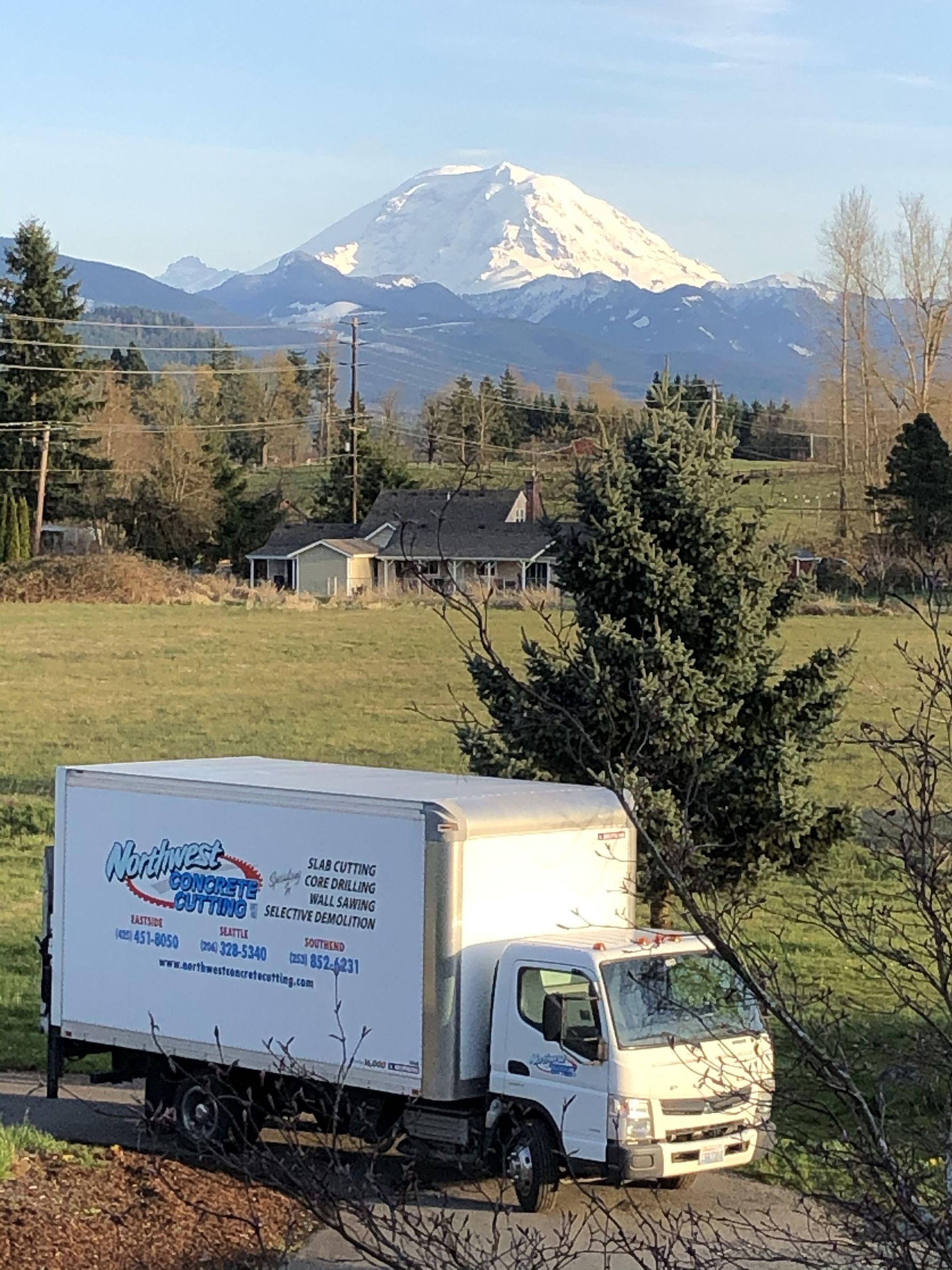 A white truck is parked in a field with a mountain in the background.