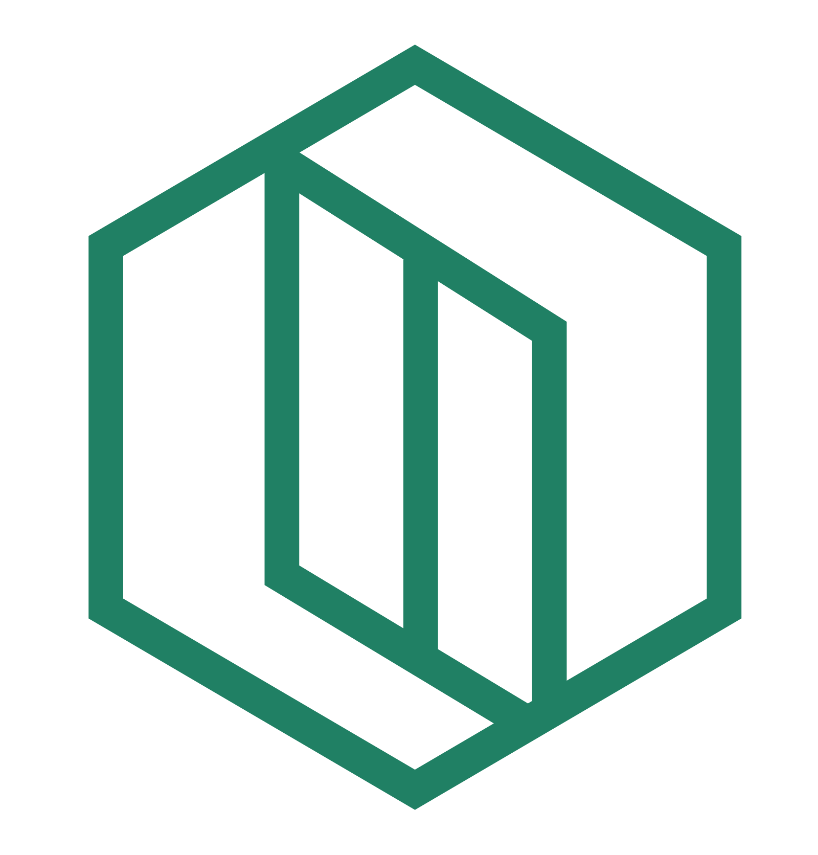 A green hexagon with two squares inside of it on a white background.