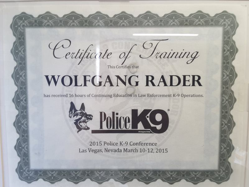 Certificate of Training for Wolfgang Rader from the 2015 Police K-9 Conference, Las Vegas