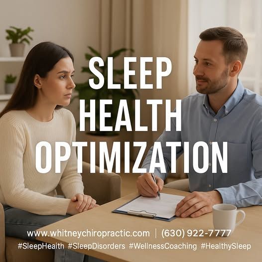 Woman and man at a table, discussing sleep health. Office setting. Text reads: 