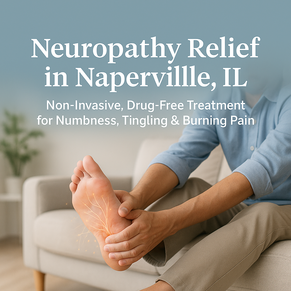 Man holding foot, advertisement for neuropathy treatment in Naperville, IL.