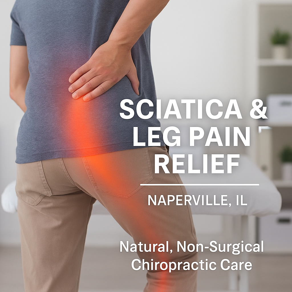 Person holding back, red glow indicates pain, text: Sciatica & Leg Pain Relief, Naperville, IL. Natural chiropractic care.