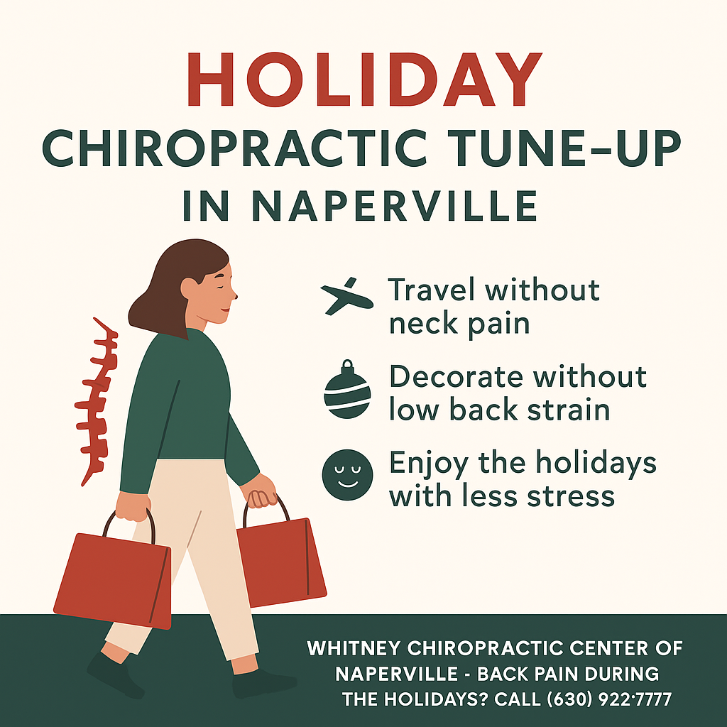 Advertisement for chiropractic services in Naperville. Woman carrying shopping bags, text promotes pain-free holidays.