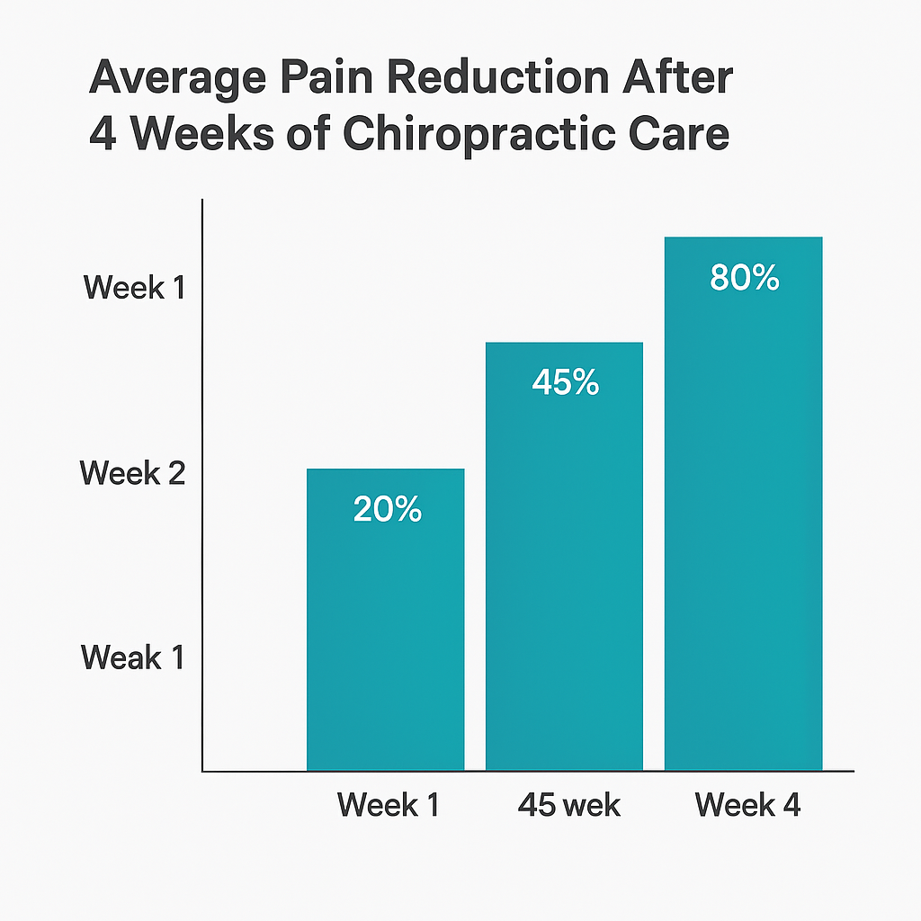 Bar graph showing average pain reduction after 4 weeks of chiropractic care, increasing from 20% to 80%.
