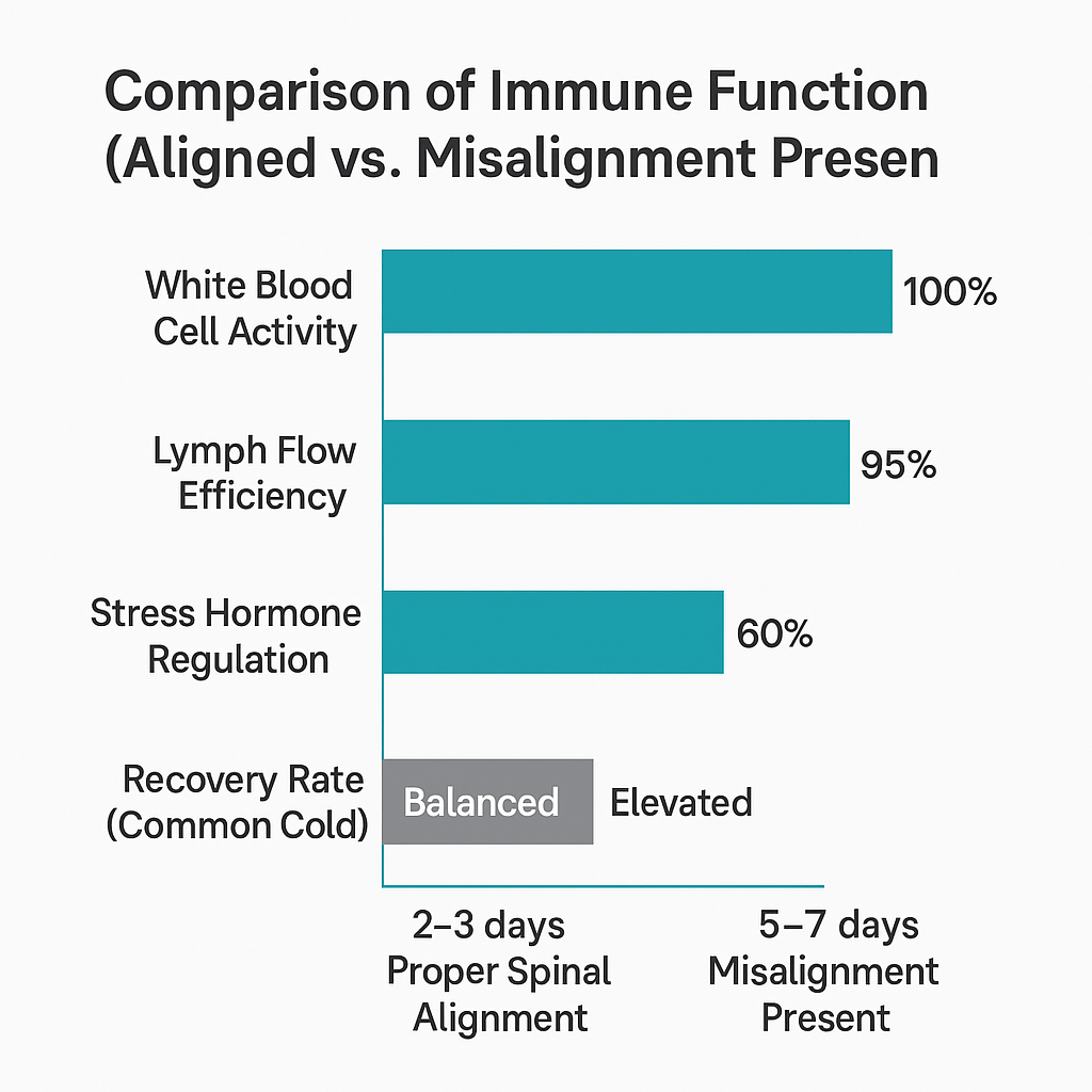 Bar graph comparing immune function with and without spinal alignment; shows activity, efficiency, & regulation. Balanced vs elevated recovery time.