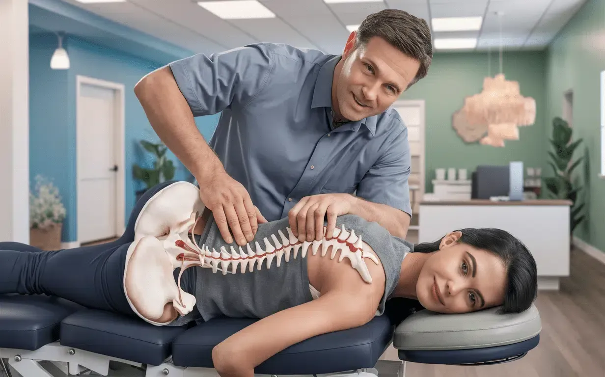 Chiropractor adjusting patient's back, spine overlayed. Smiling man, woman lying down, clinic setting.