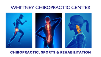 The logo for whitney chiropractic center shows a man , a woman , and a skeleton.