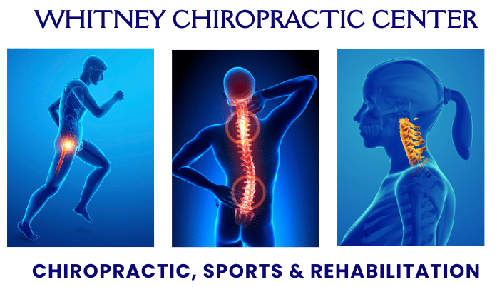 Whitney Chiropractic Center: Three medical illustrations of the body highlighting areas of pain, in blue with red highlights.