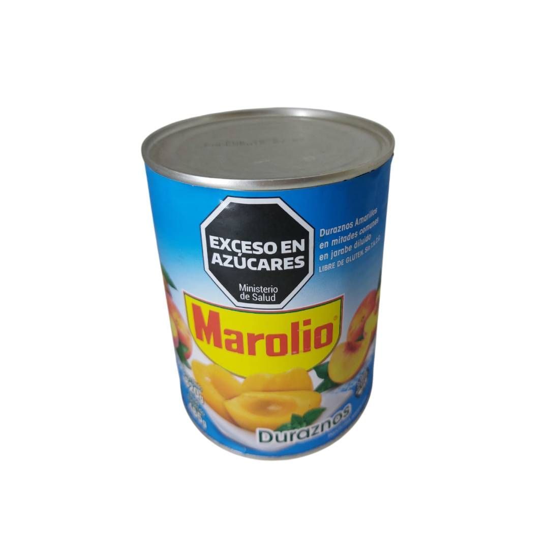Lata de duraznos enlatados marca Marolio con advertencia 