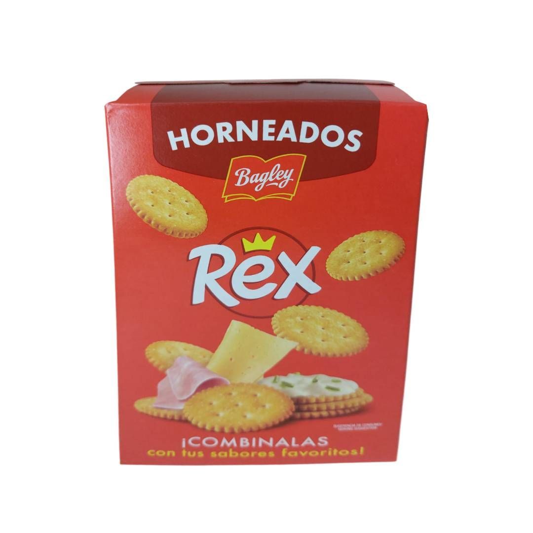 Caja de galletas Rex rojas con galletas, queso y aderezos. 