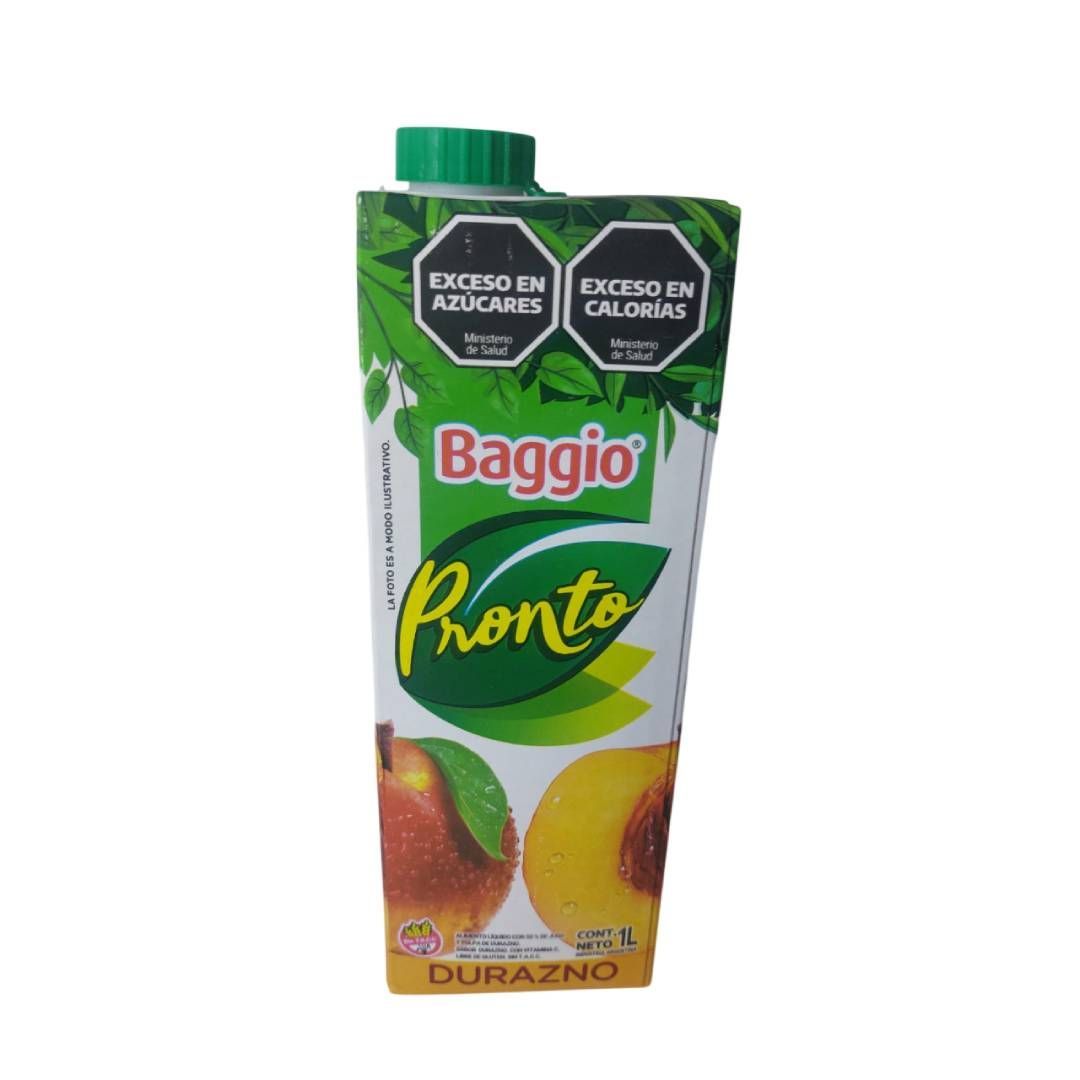 Cartón de zumo de melocotón Baggio Pronto con tapa verde y etiquetas de advertencia.
