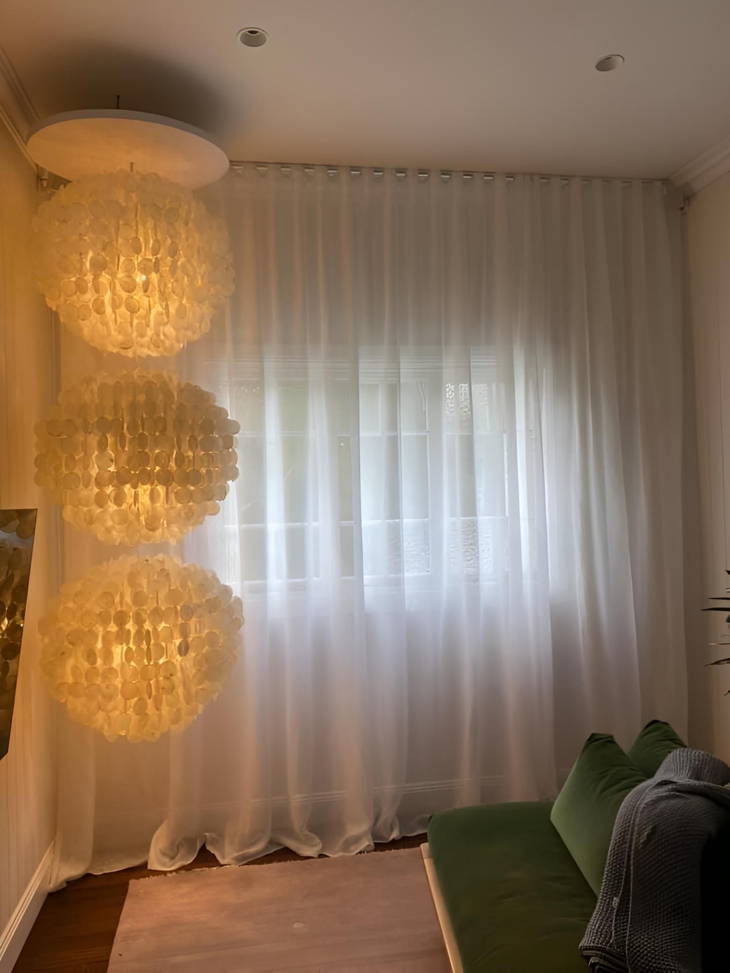 A Room With White Curtains and Three Chandeliers — Lismore Curtains & Blinds In Ballina, NSW