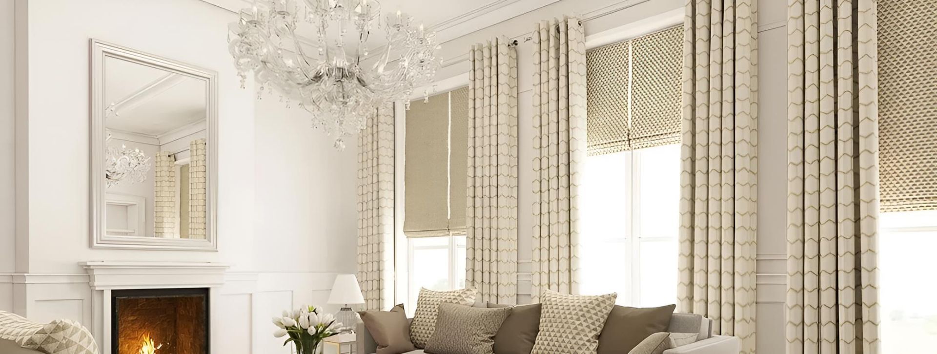 A Living Room With a Couch, Fireplace, Mirror and Chandelier — Lismore Curtains & Blinds In Lismore, NSW