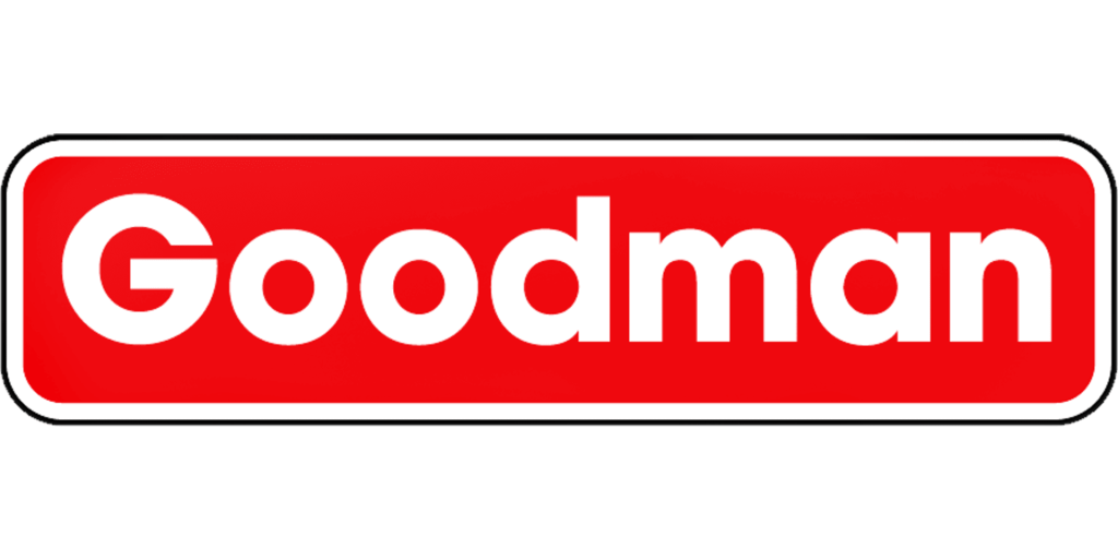 A red and white goodman logo on a white background.