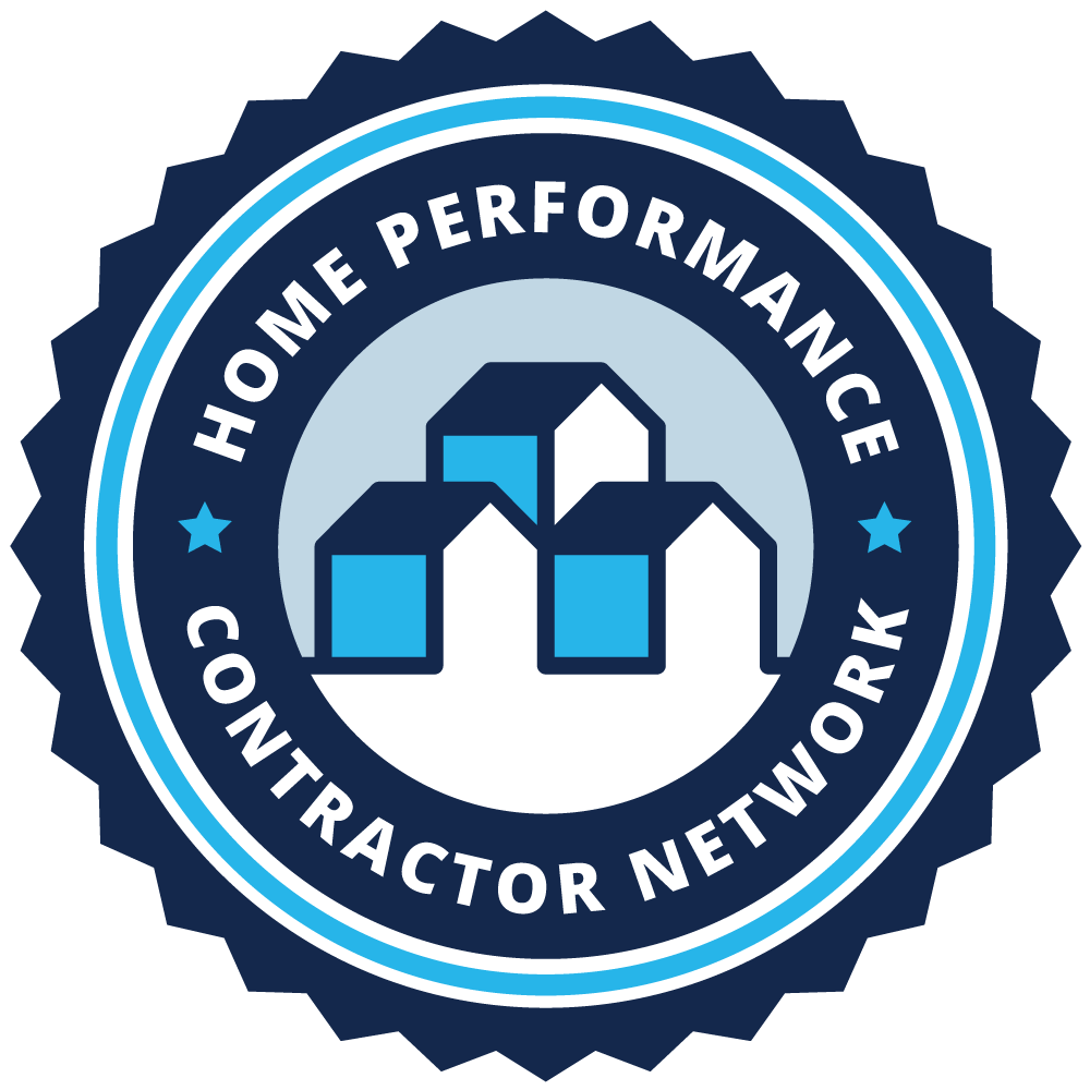 The home performance contractor network logo is a blue and white circle with houses in it.