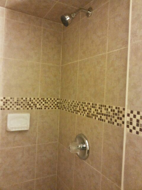 Shower stall with tan tiles, mosaic tile accent, and silver fixtures.