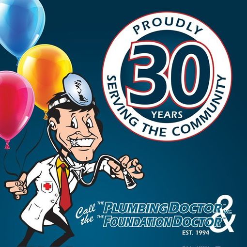 A cartoon of a plumbing doctor with balloons and the words proudly serving the community
