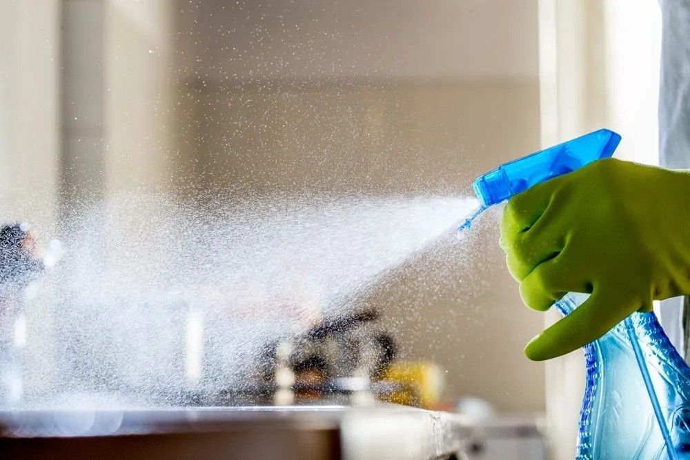 A Person is Cleaning a Window With a Spray Bottle — The Kitchen Centre In Tuggerah, NSW