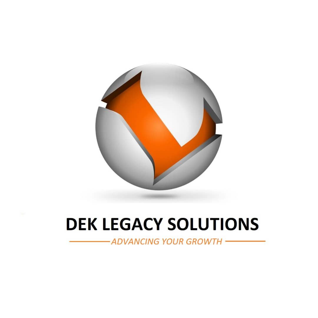 Logo for DEK Legacy Solutions: Gray and orange sphere with a stylized 