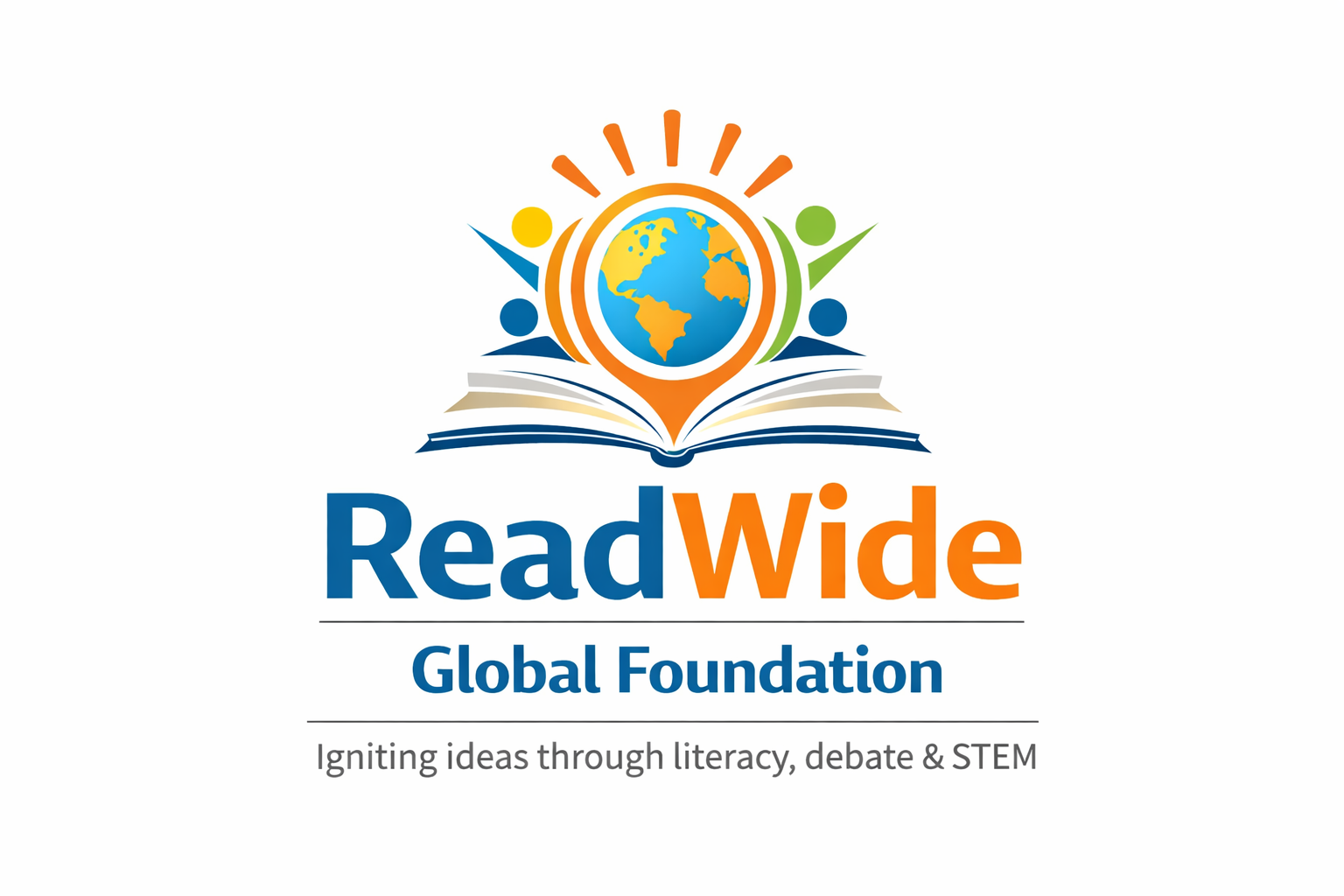 Readwide logo: rocket launching with open book, lightbulb, and ring of colors. Text: 