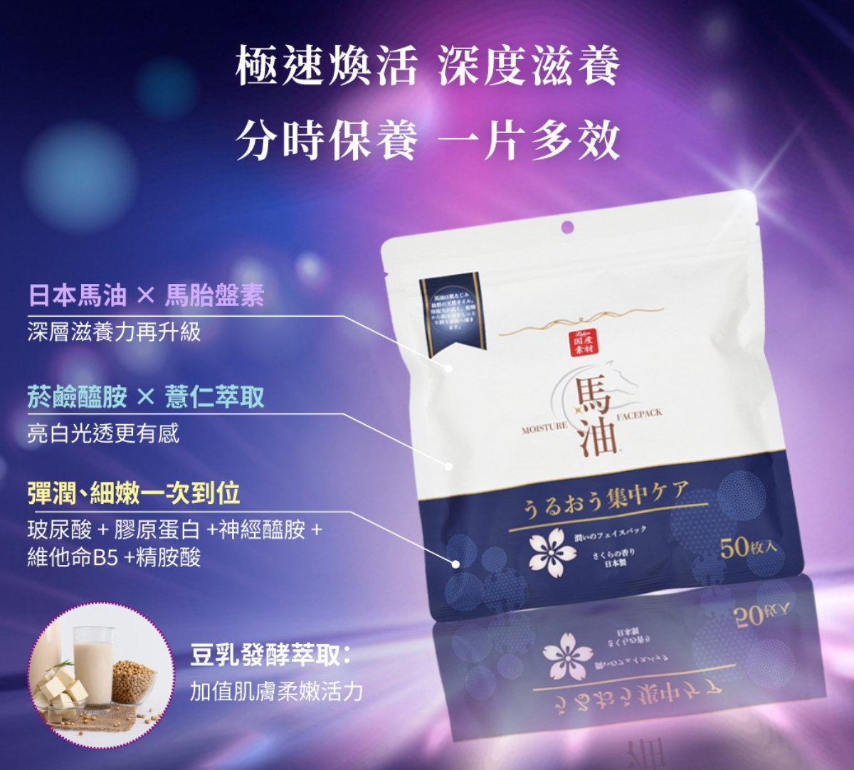 【日本 Lishan】馬油水潤嫩顏面膜50片